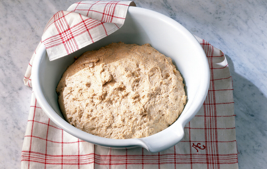 Close-up of bread dough in bowl