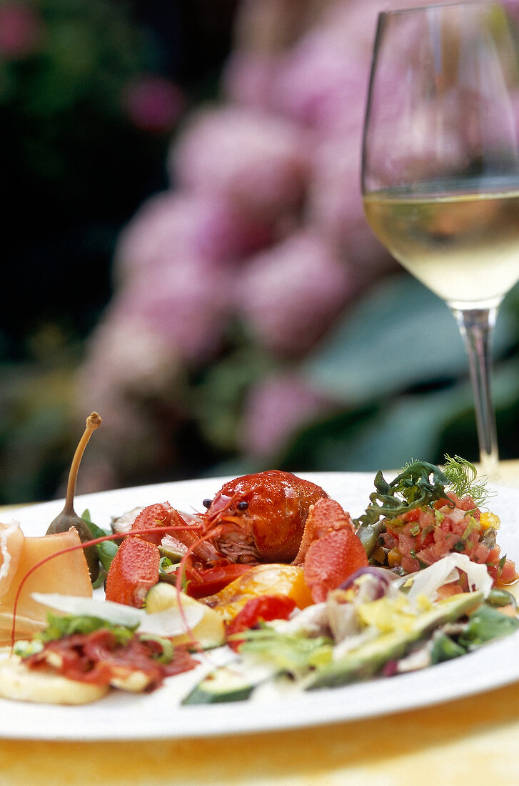 Salad with Crayfish on plate