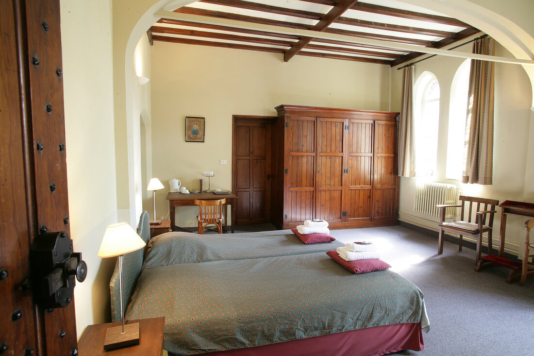 View of luxurious hotel bedroom with double bed, Belgium