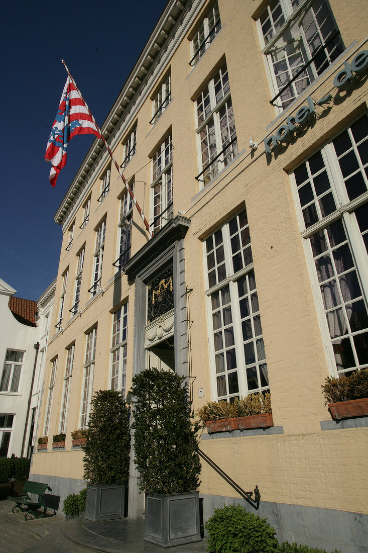 Entrance of hotel with flag, Belgium