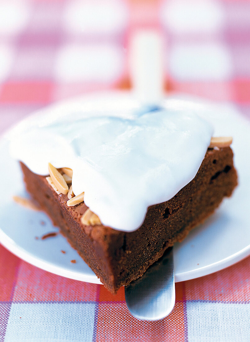 Piece of chocolate cake with cream