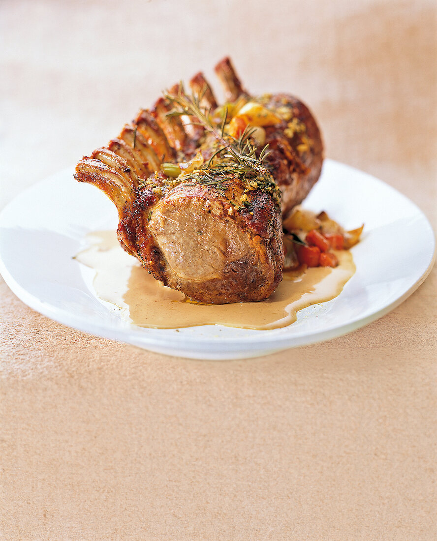 Close-up of roast pork loin on plate
