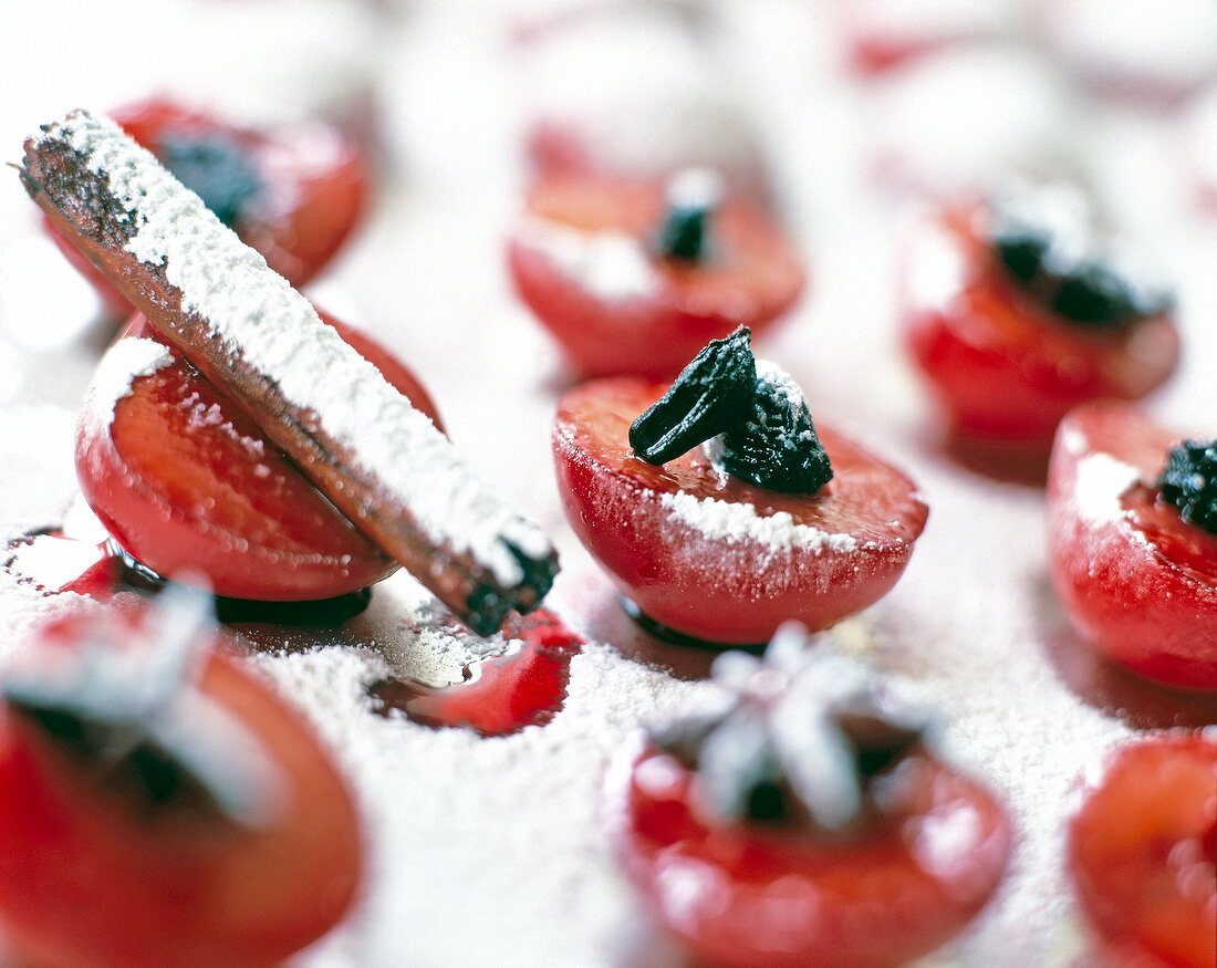 Close-up of chocolate tart with cardamom plums