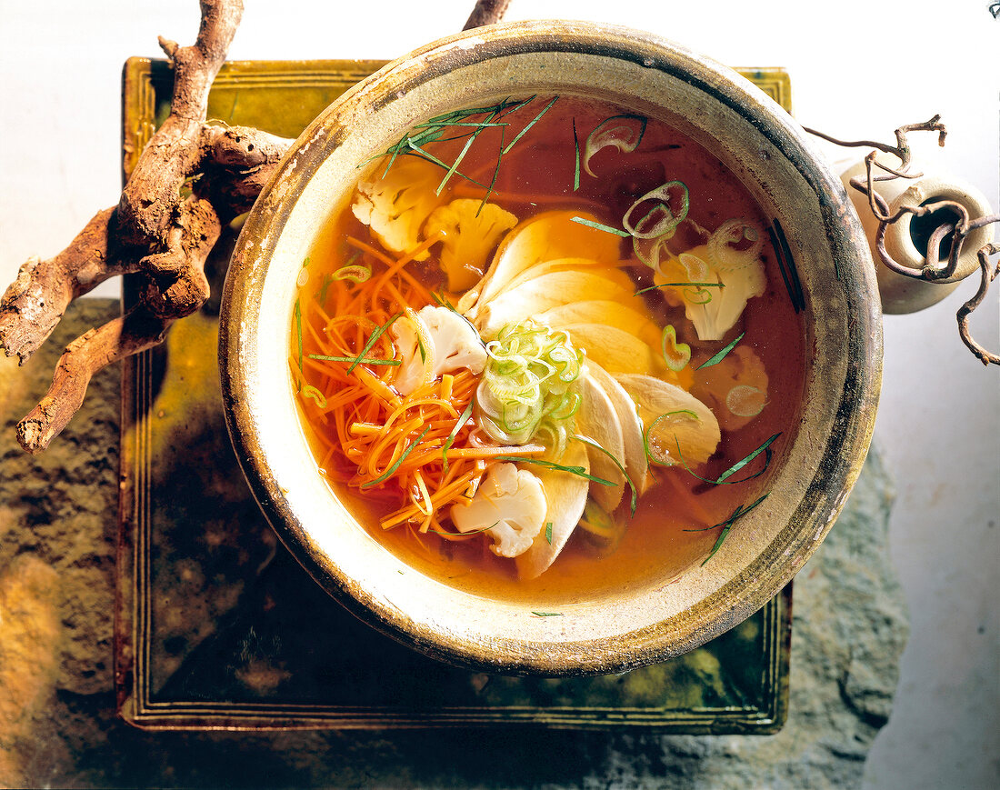 Chicken soup with vegetables in bowl