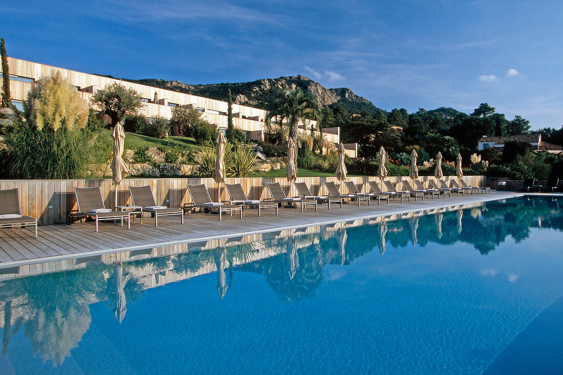 View of Casadelmar swimming pool in Porto-Vecchio, Corsica, France