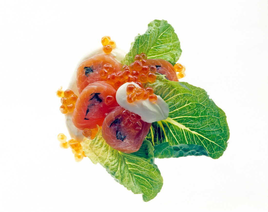 Close-up of salmon tartar rolls with salmon caviar, fresh cream and salad