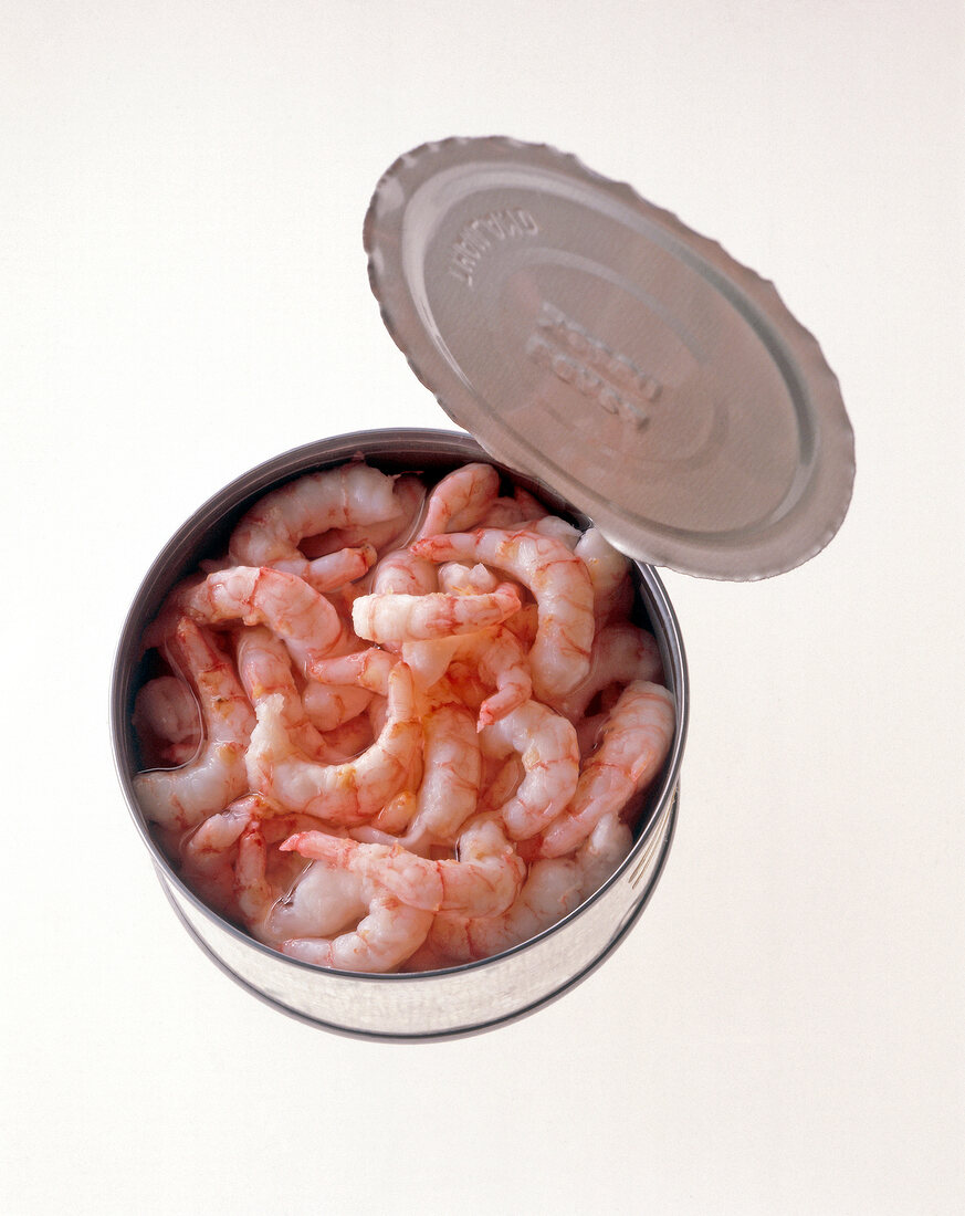 Shrimp in open metal box with no label on white background