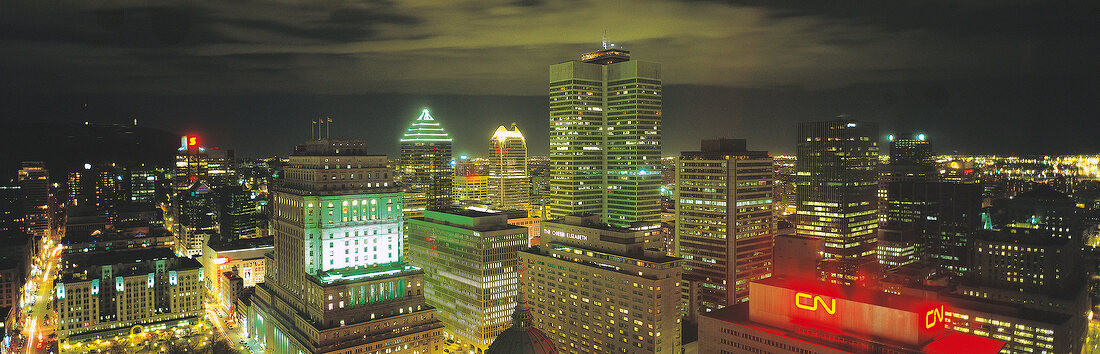 View of cityscape at night in Montreal, Quebec, Canada
