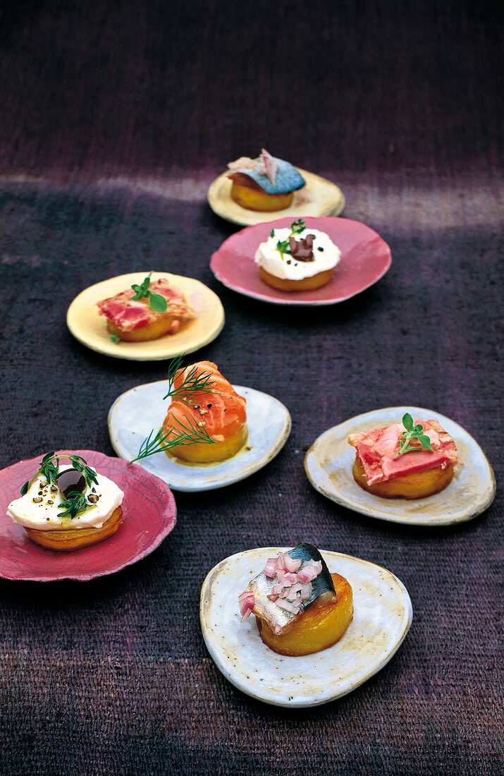 Variety of potato canapes on plate