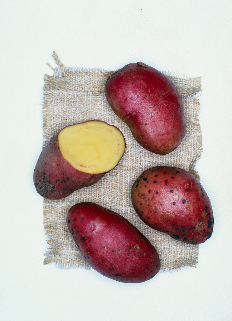 Roseval organic potatoes on white background