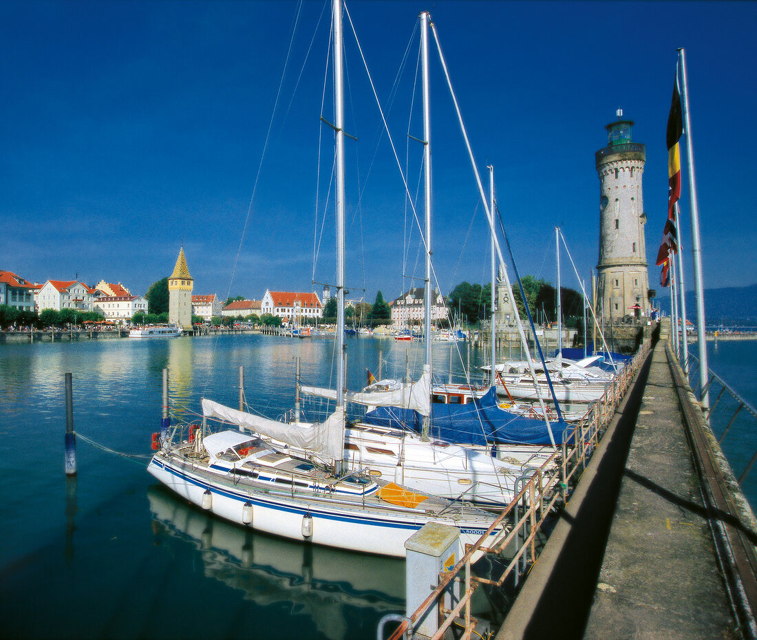 Sailboats moored at harbour in Lake Constance at Lindau, Bavaria, Germany