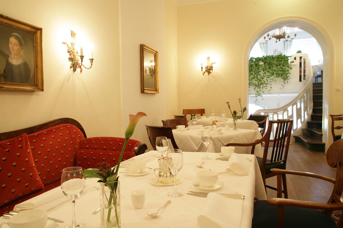 View of decorated tables in caf, Germany