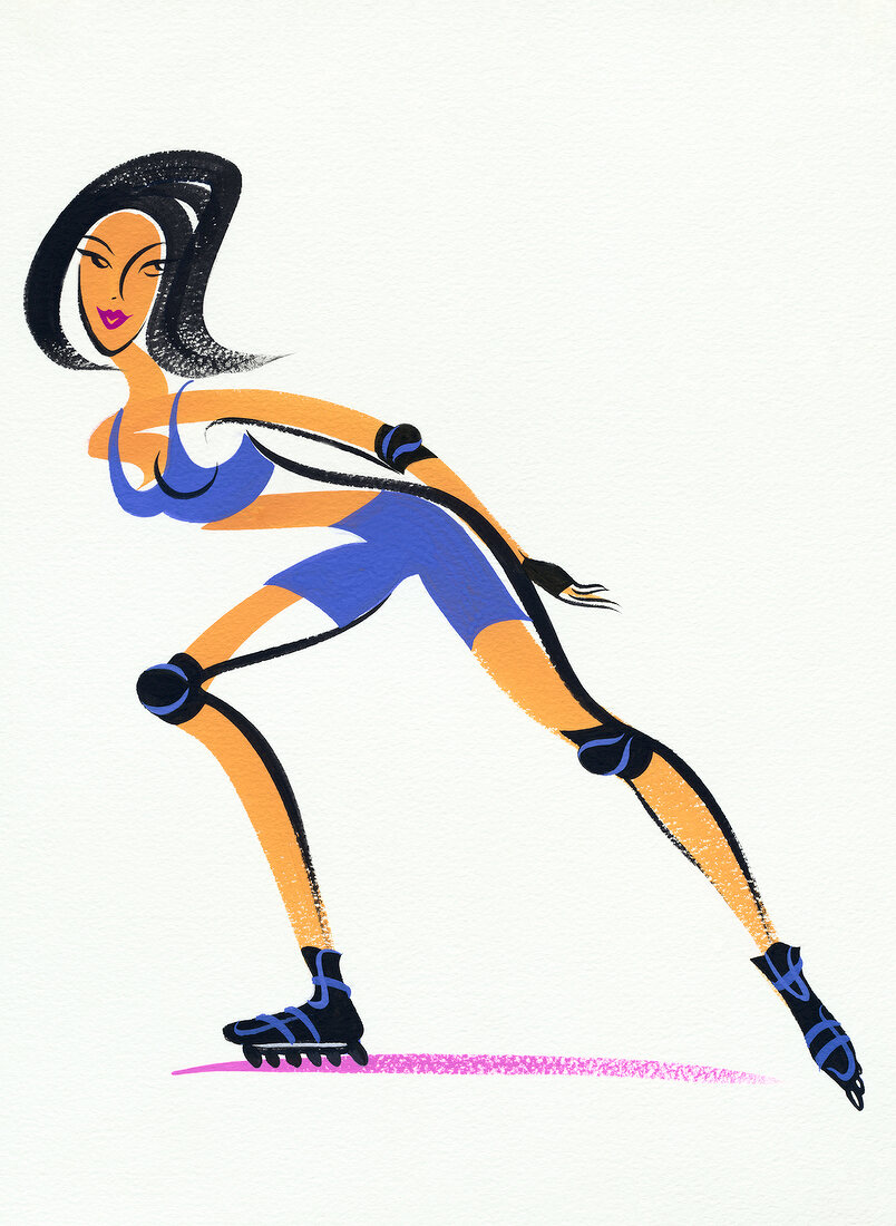 Illustration of woman bending while skating, sidestep technique against white background