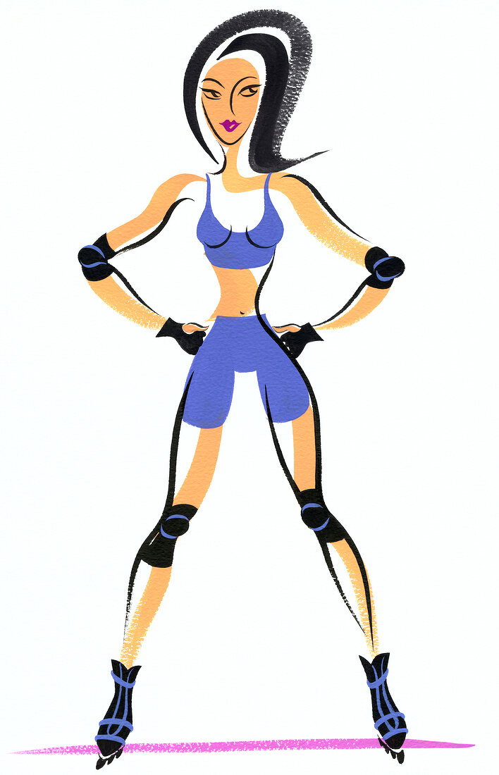 Illustration of woman standing on skating track with stretched legs for workout 