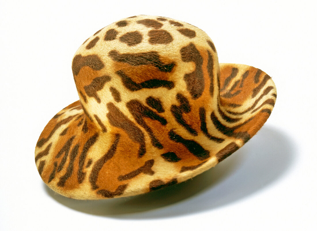 Close-up of leopard print hat on white background