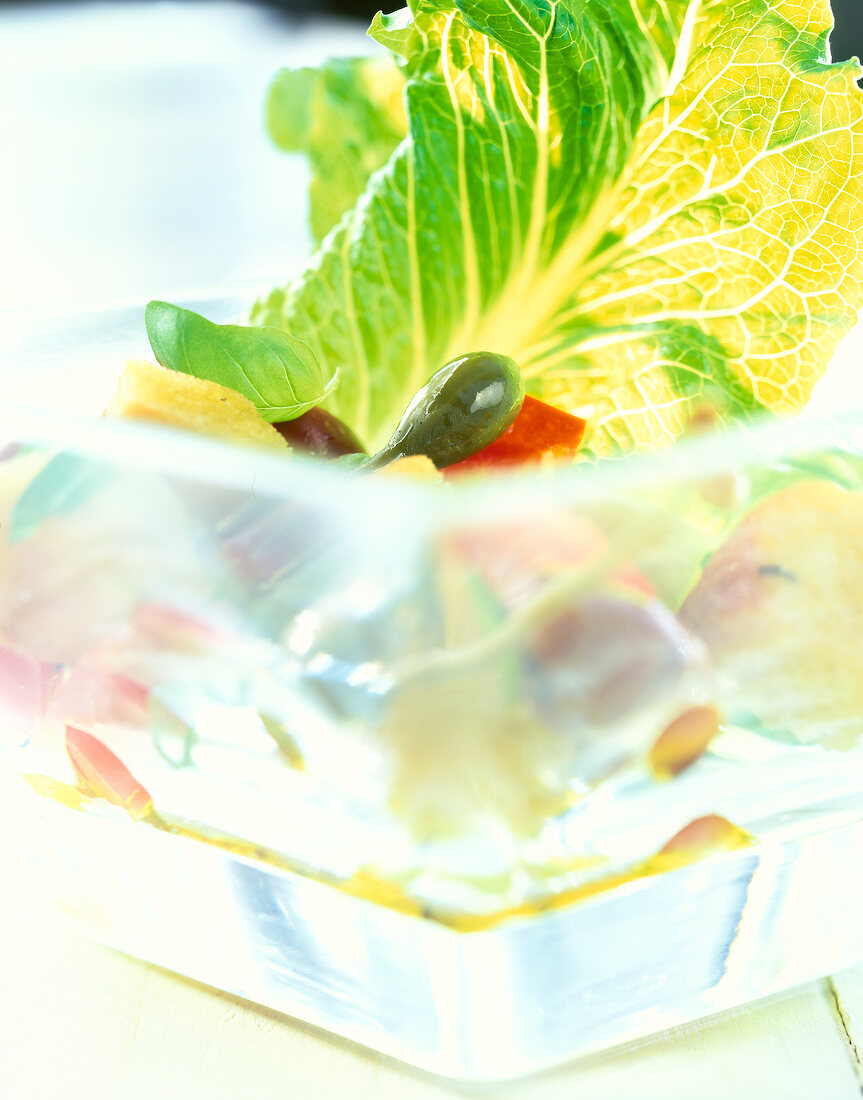 Close-up of panzanella salad in serving dish