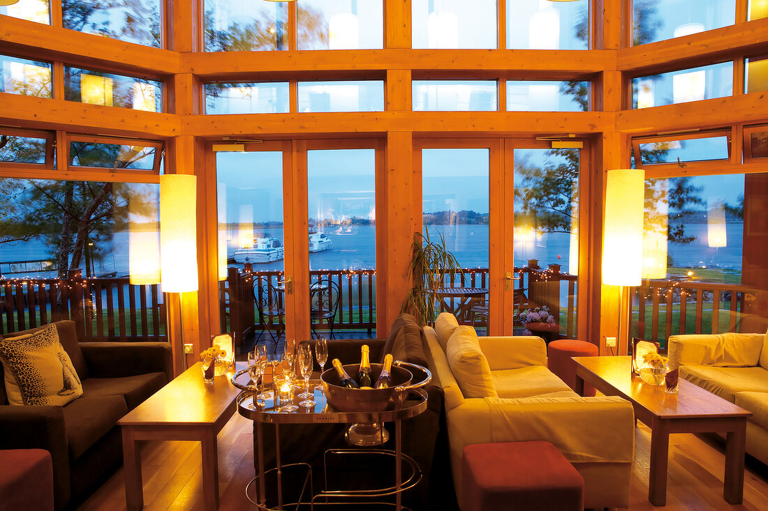 View of Taittinger Lounge in hotel overlooking sea, Ireland