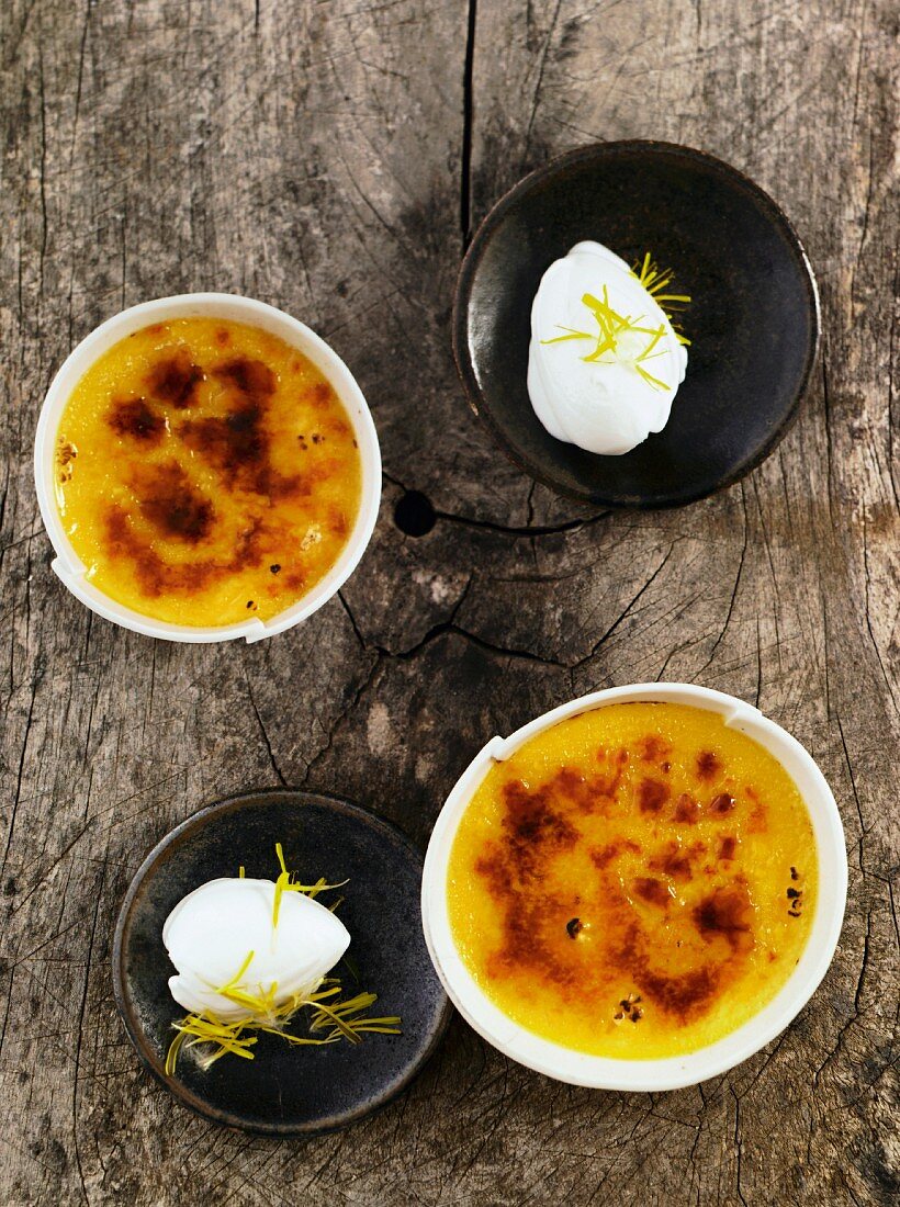 Goat's cheese creme brulée with dandelion flower ice cream