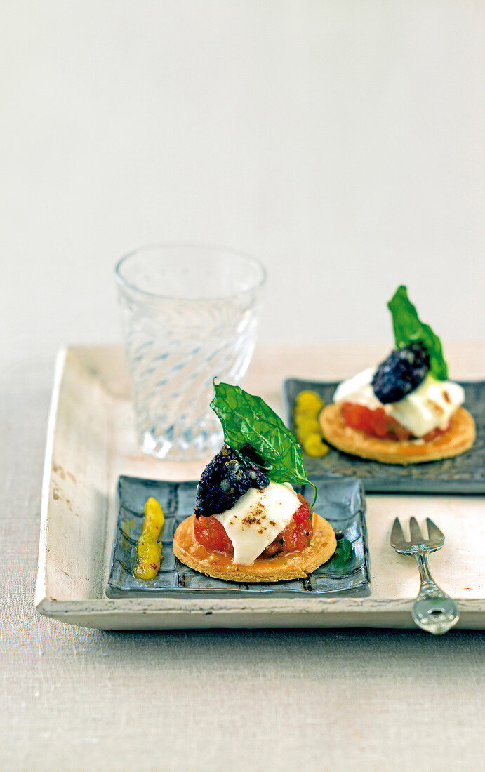 Tart of goat mozzarella and tomato slices on tray