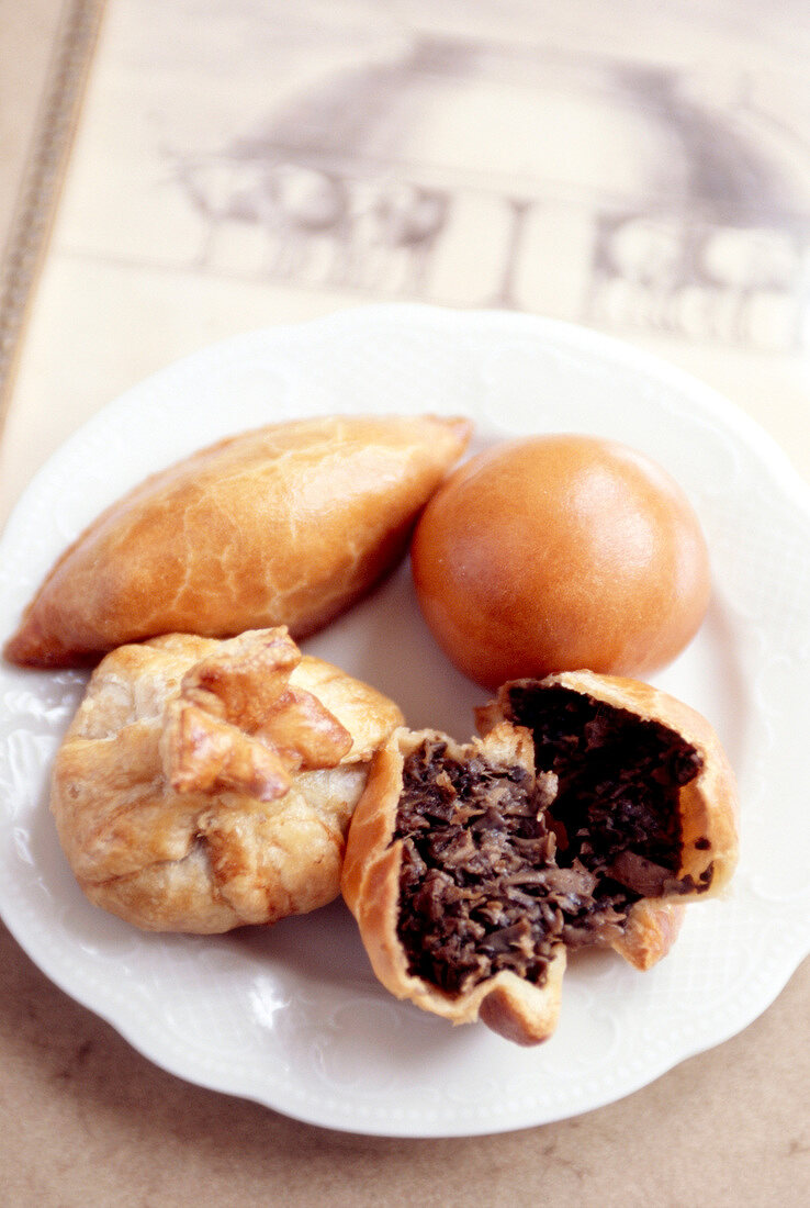 Close-up of small pies on plate in Cafe Pushkin, Moscow, Russia