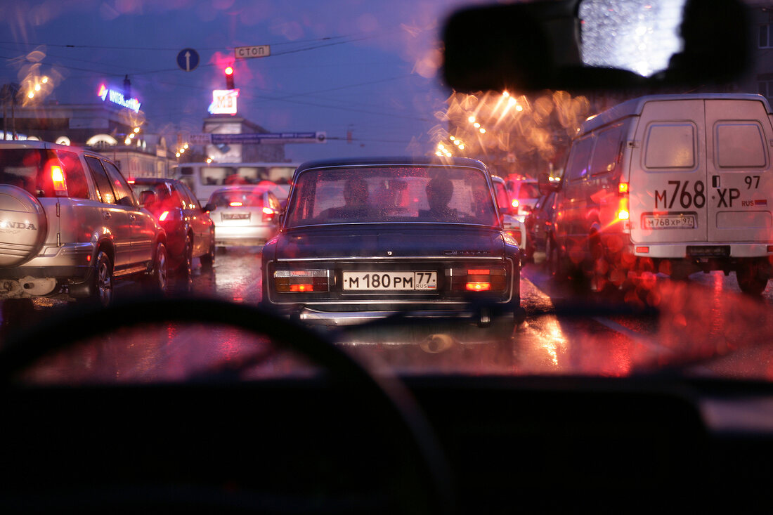 View of traffic from car in Moscow, Russia