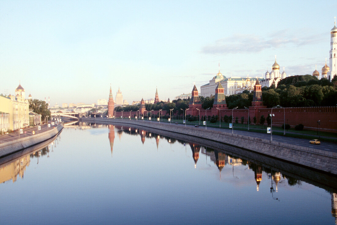 View of Moskva River with reflection of Moscow Kremlin in Moscow, Russia