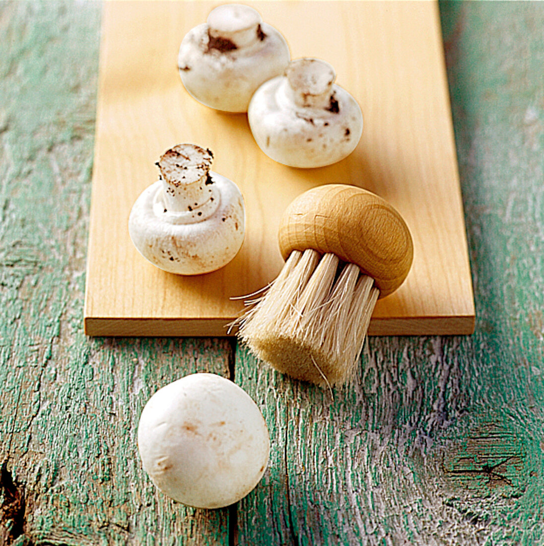 Vier Champignons und eine kleiner Pinsel zum Säubern auf Holzbrett