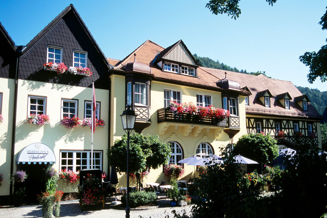 Half-timbered houses in center post hotel with blue sky.