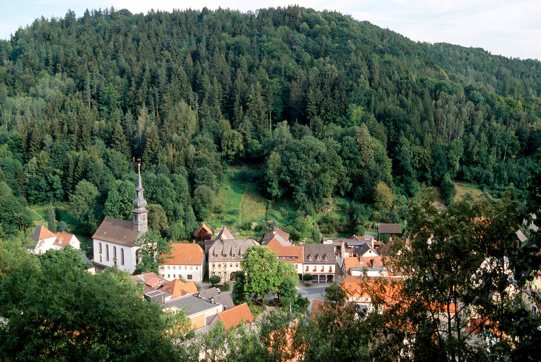 Ausblick über Wirsberg, im Tal umgeben von Wald.