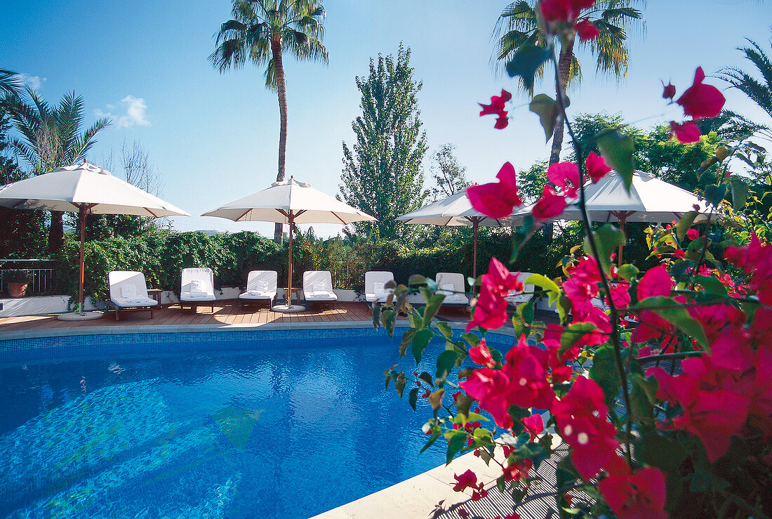 Poll with umbrellas and loungers at Hotel Los Naranjos, Ushuaia, Argentina