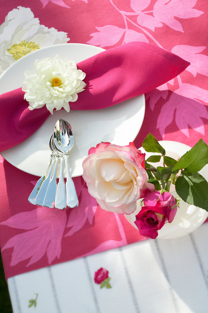 Pinke Serviette mit weißer Blüte und zwei Rosen in einer Vase. x