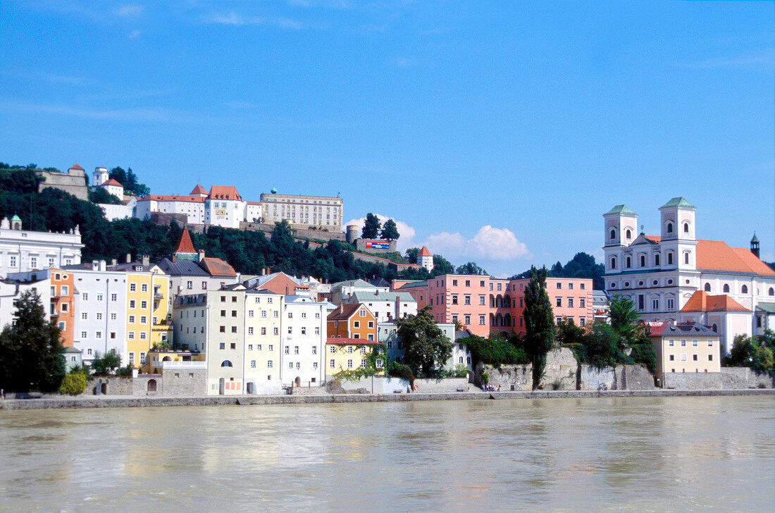 View of old town and St. Michael church near river Inn, Passau, Germany