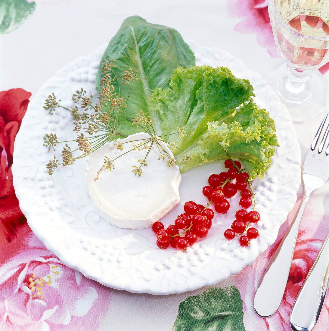 Close-up of soft cheese with red currants and lettuce leaf in white plate