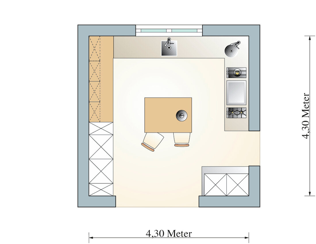 Illustration: Küche mit Weinschrank, Backofen, Dampfgarer und Nebenspüle