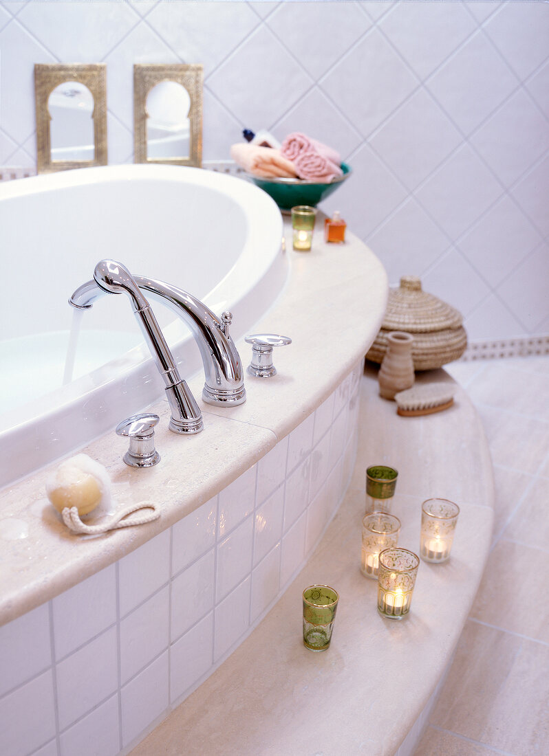 Close-up of luxury bathtub in white and beige colour