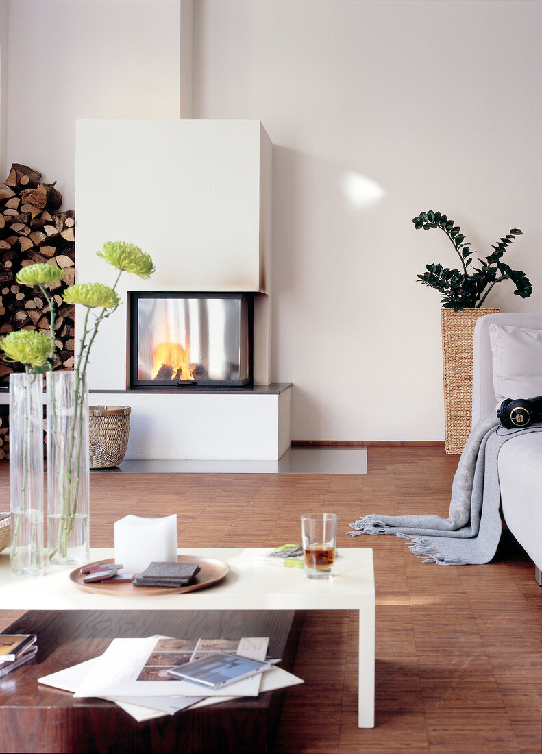 White living room with fireplace and wooden floor
