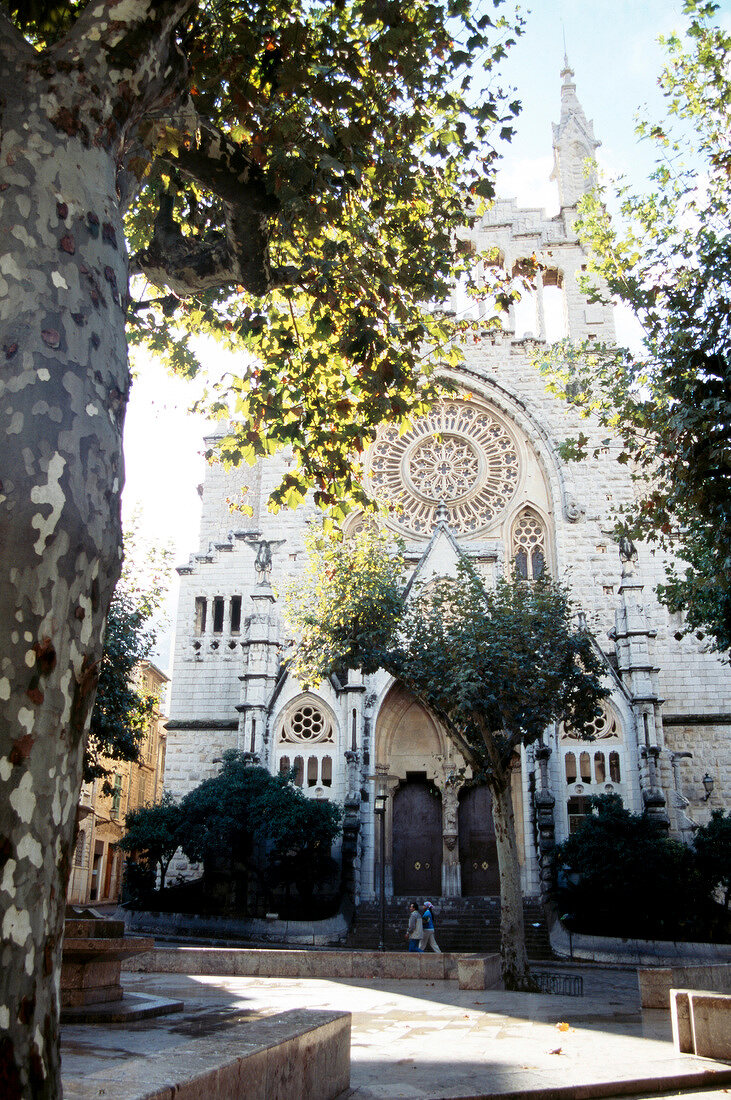 Facade of gothic church in Soller, Majorca island, Spain
