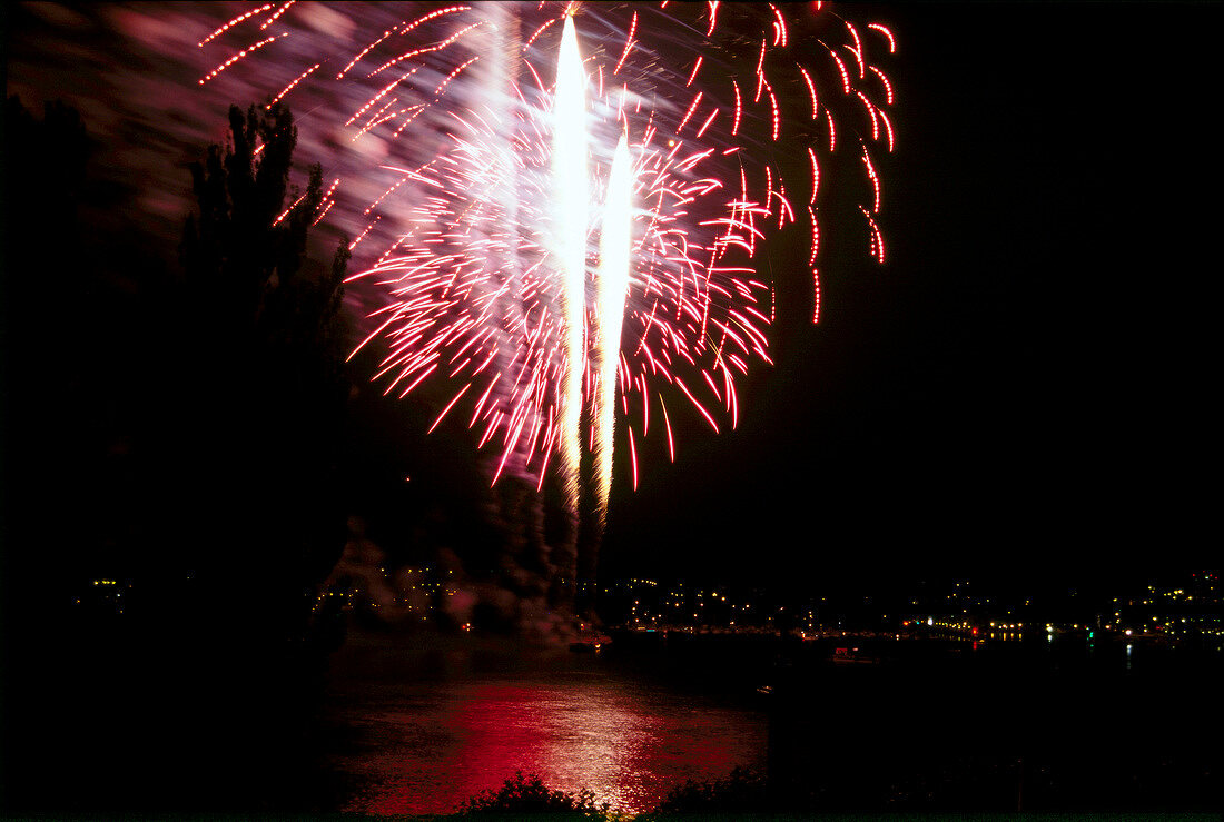 Fireworks at night during Lake Festival in Konstanz, Germany