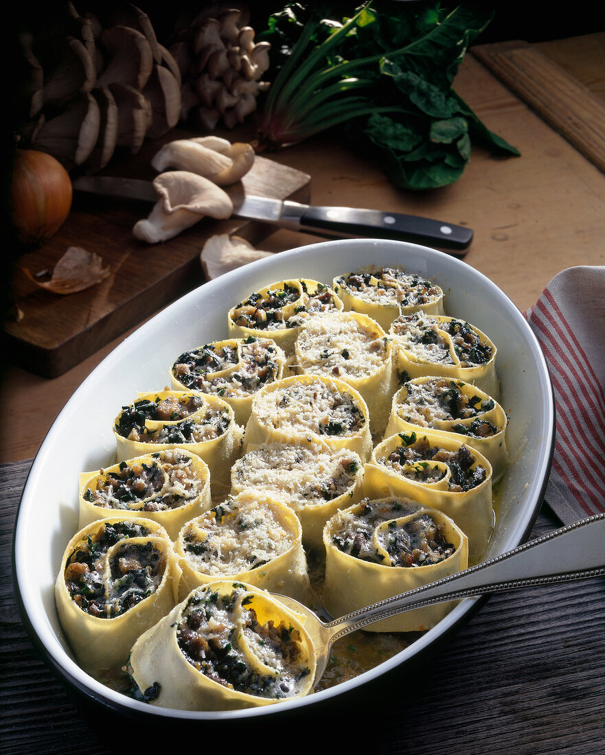 Cannelloni set upright in serving dish