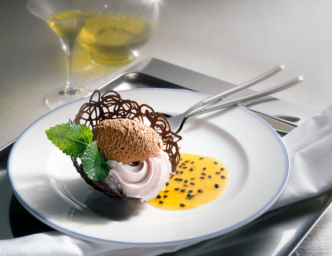 Chocolate mousse and chocolate lattice with passion fruit sauce on plate