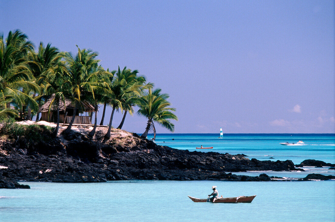 View of fishing hut, palm trees and lava rock in Comoros