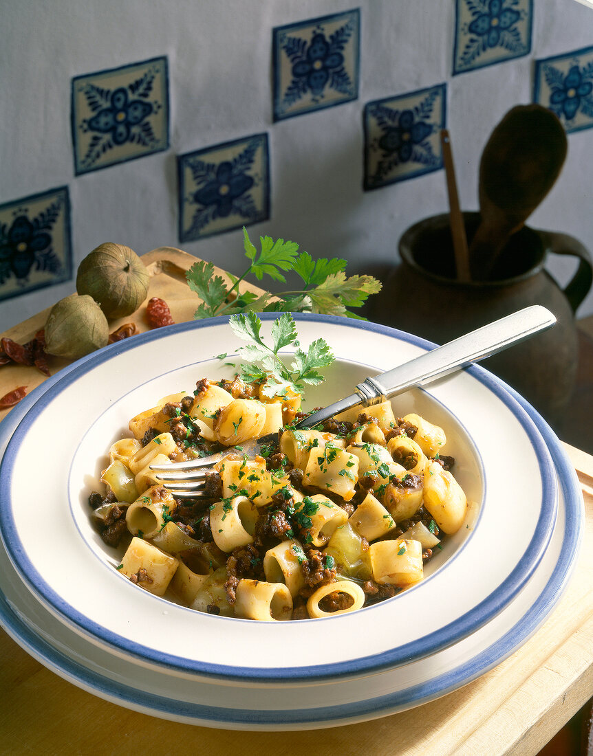 Pasta with spicy meat sauce on plate with fork