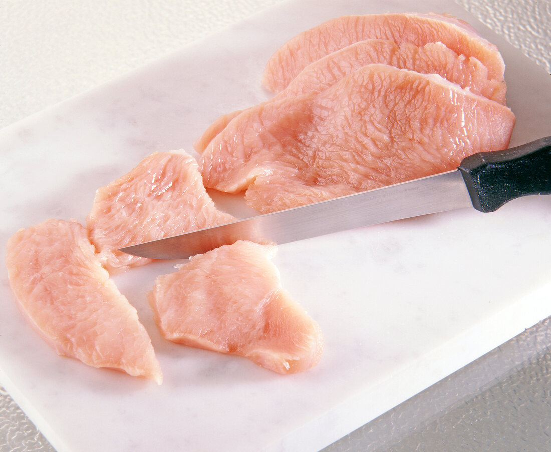 Close-up of turkey breast sliced and cut into pieces