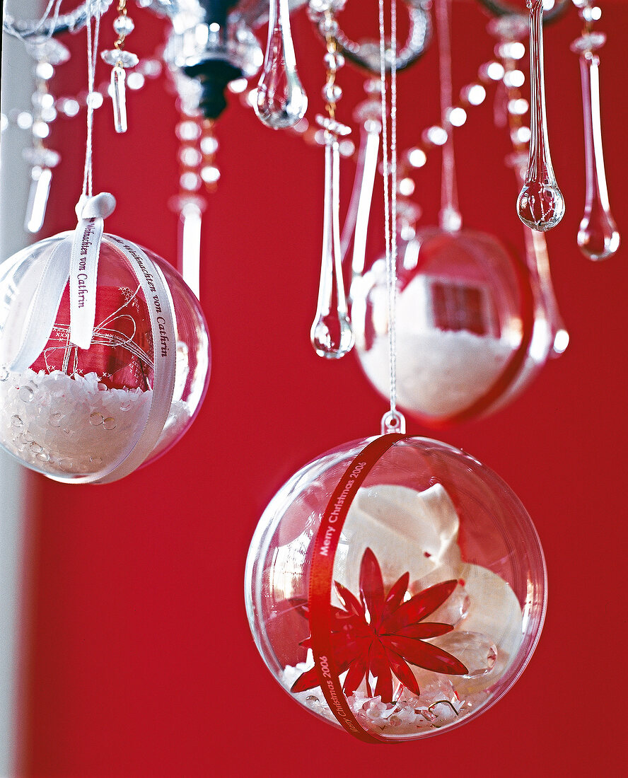 Close-up of decoration made of plexi glass balls filled with artificial snow
