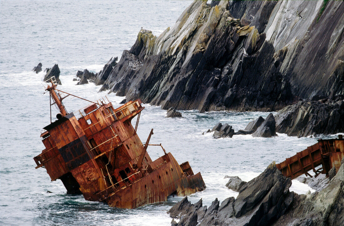 Stranded ship on the coast of Dingle Peninsula in southwest Ireland