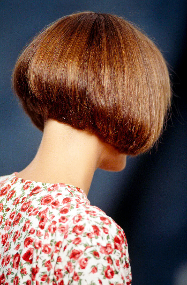 Rear view of brunette woman with bob hair