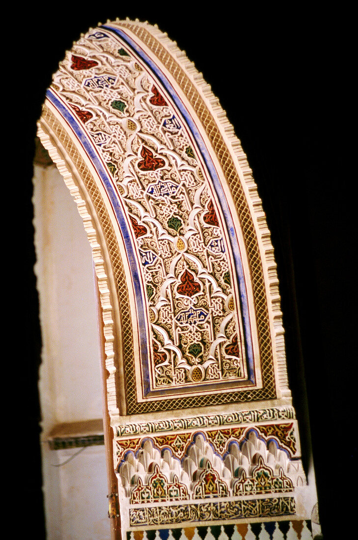 Oriental decorations on archway at Bahia Palace, Marrakesh, Morocco