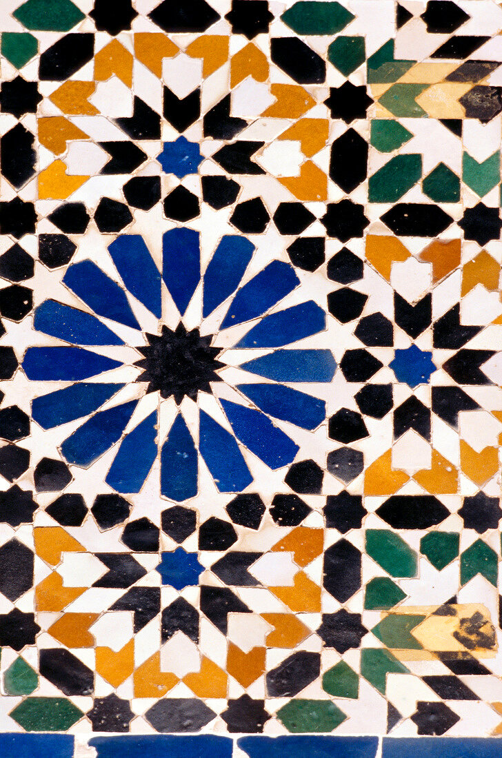 Colourful tile mosaics on the wall of Bahia Palace, Marrakesh, Morocco