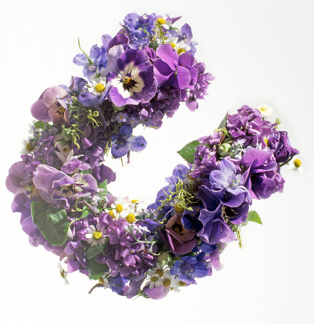 Close-up of horseshoe shaped flower arrangements with purple forget-me-not flowers