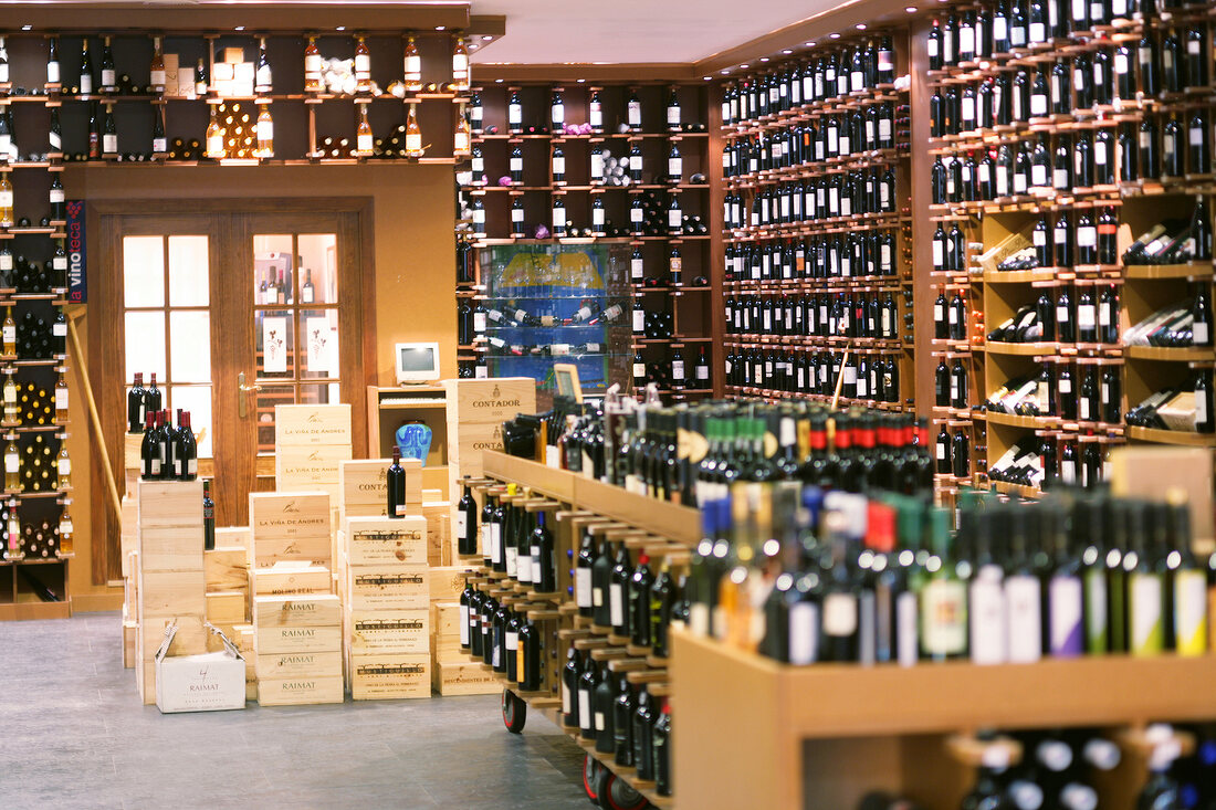Interior of La Vinoteca wine shop in Mallorca, Spain
